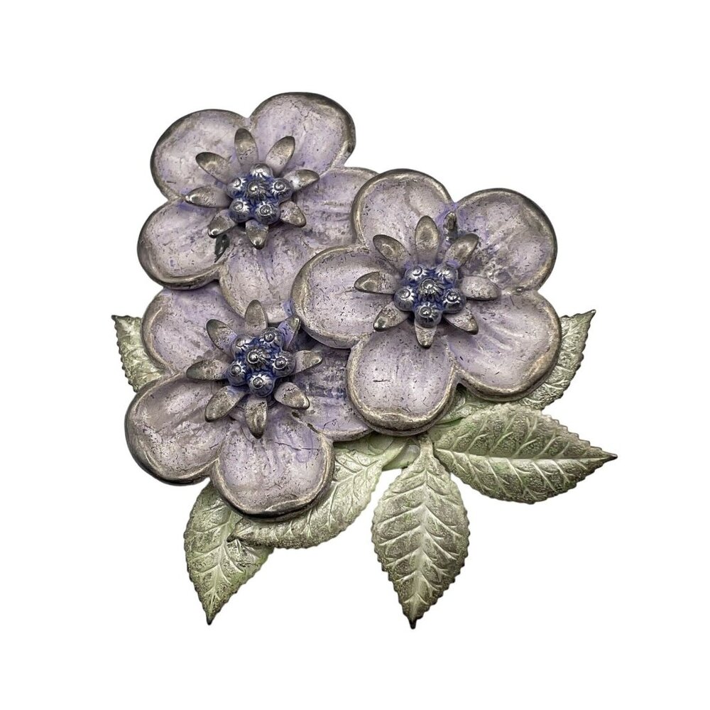 Vintage Metallic Purple Green Dogwood Floral‎ Flowers Brooch Pin Silver Tone